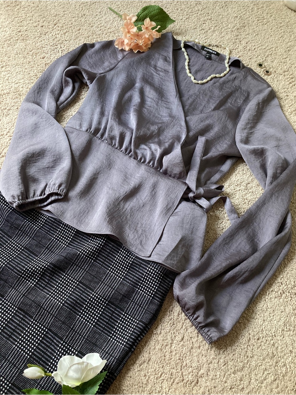 Express Dressy Metallic Silver Wrap Long Sleeve Blouse with Side Tie